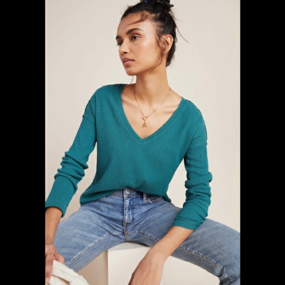 Anthropologie deep v neck textured long sleeves top, large, aqua…